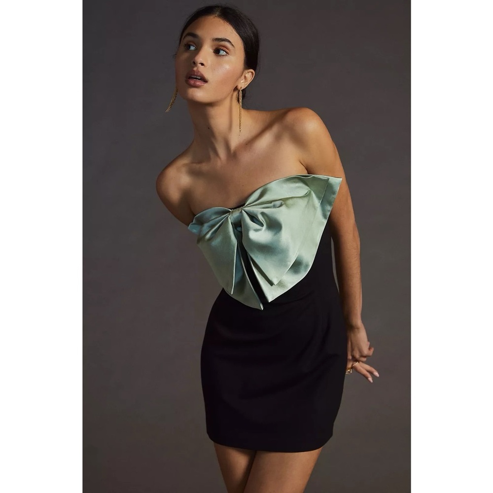 NWT Anthropologie Eva Franco Satin Bow-Tie Strapless Mini Dress in Black & Green